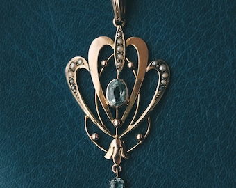 Edwardian Aquamarine & Pearl Lavaliere Pendant - 9ct Gold - Antique Necklace - Fine Jewellery