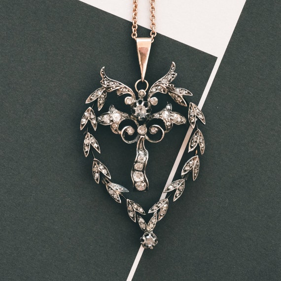 Victorian Diamond Laurel Lavaliere Necklace 9ct Gold Silver