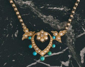 Victorian Turquoise & Pearl Lavaliere Necklace - 15ct Gold - Antique Necklace - English Jewellery - Circa 1890