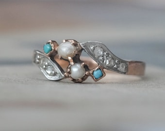 Art Nouveau Pearl & Turquoise Crossover Ring