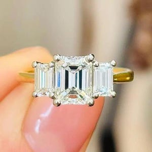 1.30 CT Emerald Cut Moissanite Diamond Engagement Ring with Two 0.25 CT Side Stones | Three-Stone 14K Gold Ring | Timeless Anniversary Gift