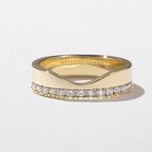 14k Gold Cigar Wedding Band, U Shaped Ring, Bezel Diamond Unique Band, Unique 6mm Wide Cut Out Design Womens Thick Wedding Band Chevron Ring