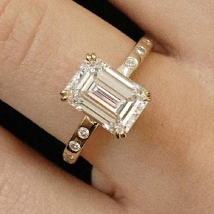 3.00 Ct Emerald Cut Moissanite Engagement Ring, Emerald Cut Ring, Moissanite Engagement Ring, Hidden Halo Ring