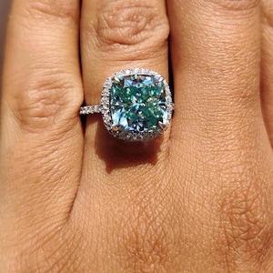 4 Carat Cushion Cut Cyan Blue Moissanite Engagement Ring | Halo Wedding Ring | Anniversary Gift | Classic Solitaire with Accents