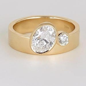 Wide Band Oval and Round Cut Engagement Ring For Women-Bezel Set Wedding Ring-Unique Thick Band Made Solitaire Ring-14K Solid Gold Ring