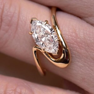 Marquise Cut Moissanite Ring | 2.5CT Low-Set Claw Setting with Gold Wave Band | Modern Sculptural Engagement Ring for Her | Promise Jewelry