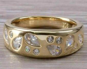 Flush Set Pear And Round Cut Moissanite Diamond Ring, 14K Yellow Gold Scattered Band Ring, Engagement Cigar Ring, Anniversary Gift For Wif2