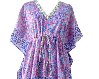 Floral Print One Size Kaftan India Kaftan Indian Hand Block Printed Short Kaftan Pure Cotton Beach Caftan Beach Cover-up Beach Dress