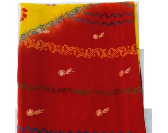 Indian Vintage 100% Pure Crepe Silk Sari Yellow Red Embroidery Floral work Printed Saree Crafting 5 Yard Dressmaking Sari Fabric