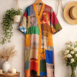 May include: A patchwork kimono robe in a variety of colors, including red, blue, yellow, and green, hangs on a wooden rack. The robe features a V-neck and short sleeves. A straw hat and hanging plant are also visible.