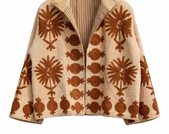 Indian Handmade Velvet Embroidery Beige Jacket – Boho Quilted Coat for Women