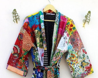 Robes lover Woman Patchwork Jacket, Kimono Robe Gift For Her, Recycled Dressing Gowns, Vintage Silk Sari Kantha Kimono, Bridal Robes