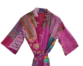 Robes lover Woman Patchwork Jacket, Kimono Robe Gift For Her, Recycled Dressing Gowns, Bridal Party Robes, Vintage Silk Sari kantha Kimono