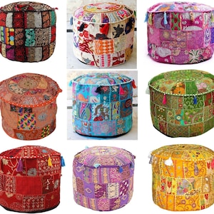 Indian Patchwork Round Ottoman Pouf Cover 22''Decorative Ottoman Cover Bean Bag Sitting Pouf