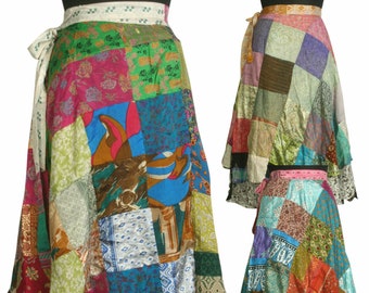 Vintage Silk Saree Recycled Patchwork Magic Wrap/ Rapron Around Skirt Reversible Dress Wrap Maxi Beach Wear Free Size Skirt
