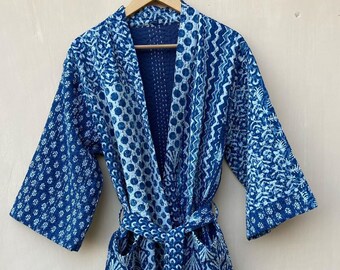 Giacca kantha patchwork blu indaco fatta a mano indiana Abito kantha in stile kimono giapponese Giacche e cappotti invernali
