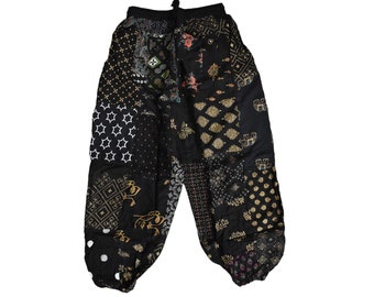 Patchwork Black Harem Pant with Pockets, Hippie Boho Rayon Harem Pant Summer Pant Festival Clothing Super Comfy Unisex Harem With Pocket