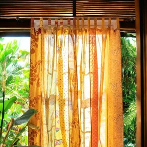 EXPRESS SERVICE of Indian Vintage Old Silk Sari Fabric Made Theme Patchwork color Curtain Door Window Curtain Home Room Door Window Curtain Yellow