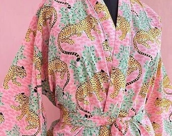 Pink Cotton Kimono Robe Dressing Gown, wedding robe Block Print Bridesmaid Robe, Summer Nightwear bathrobe beachwear women men gifts tiger