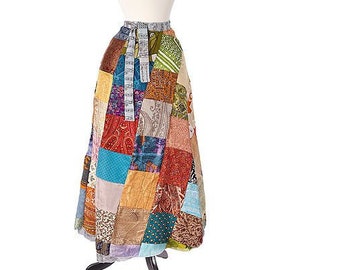 Vintage Silk Saree Recycled Patchwork Magic Wrap/ Rapron Around Skirt Dress Wrap Reversible Skirt With Free Size Ankle Length Skirt