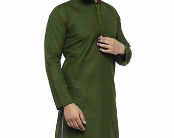 Indian Shirt Green Cotton Kurta tunic solid Plus size loose fit Big and tall