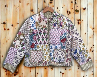 Veste en patchwork faite main, veste en patchwork de coton cousue à la main, manteau sari kantha en coton, veste courte, manteau de travail patch, veste de travail patch