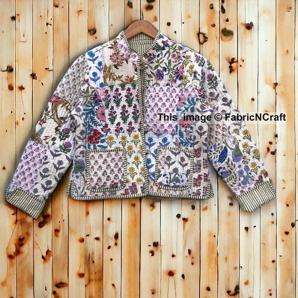 Veste en patchwork faite main, veste en patchwork de coton cousue à la main, manteau sari kantha en coton, veste courte, manteau de travail patch, veste de travail patch