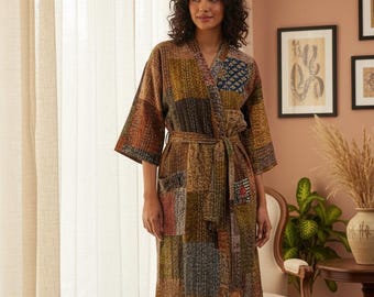 Handmade Silk Sari Kantha Robe: Brown Patchwork Kimono Jacket
