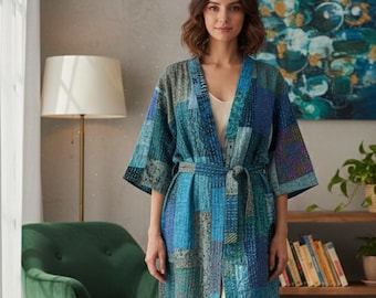 Handmade Silk Sari Kantha Robe: Turquoise Patchwork Kimono Jacket