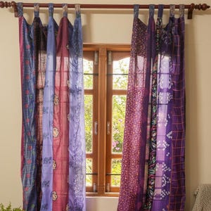 Handmade Vintage Silk Sari Purple Curtain, Bohemian Patchwork Window Decor
