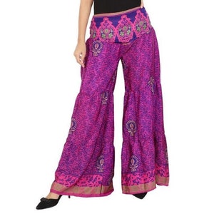 Indian Vintage Silk Sari Fabric Patchwork Palazzo Pants Trousers Full Length Palazzo Multi Color Printed Free Size Waist Trousers