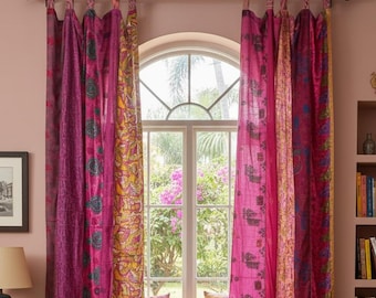 Handmade Vintage Silk Sari Pink Curtain, Bohemian Patchwork Window Decor