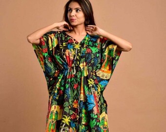 Summer Floral Printed Kaftan, Cotton summer wear, Holiday, Beach Cover up, Home dress, lockdown loungewear kaftan, Christmas Gift