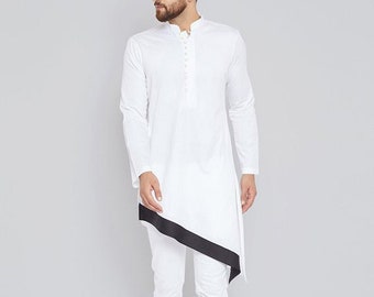 Indian Shirt White Cotton Kurta Nehru Collar tunic solid Plus size loose fit Big and tall