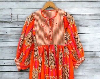 Robe midi tigre à rayures orange, mini-robe, robe longue à carreaux, col profond avec cordon de serrage