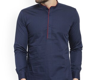 Indian Handmade 100% cotton Short Blue Shirt or Kurta Solid Color Kurta or Shirt