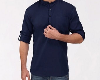 Indian Handmade 100% cotton Short Blue Shirt or Kurta Solid Color