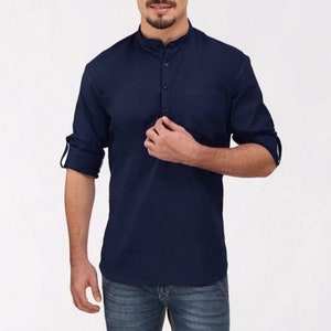 Indian Handmade 100% cotton Short Blue Shirt or Kurta Solid Color