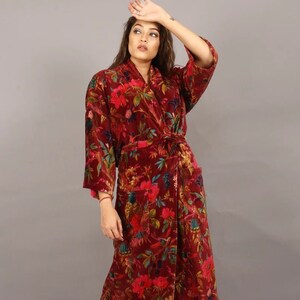 Roter Vogel Samt Banyan Stoff Kimono Baumwolle Samt Robe Lange Brautjungfer Robe One Size Geschenk Gedruckt Kimono Robe