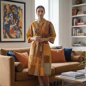 Handmade Silk Sari Kantha Robe: Brown Patchwork Kimono Jacket