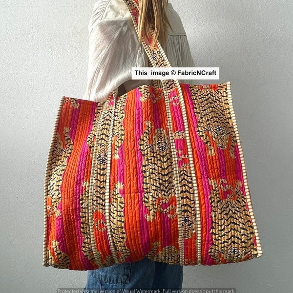 Handmade Quilted Tote Shopping Bag, Tiger Print Cotton Market Bag, Jhola Bag, Hippie Bag, Market Bag