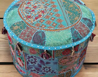 Embroidered Bean Bag Sitting Pouf Cover For Home Decor Indian Patchwork Round Ottoman Pouf Cover 22'' Decorative Ottoman Cover