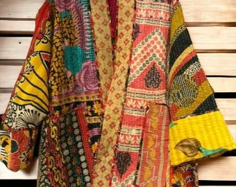 Indian Vintage Kantha Quilt Hand Crafted Cotton Long Boho, Light Weight Robe, Handmade Robe Coat, Kantha Silk Kimono, House Coat Robe