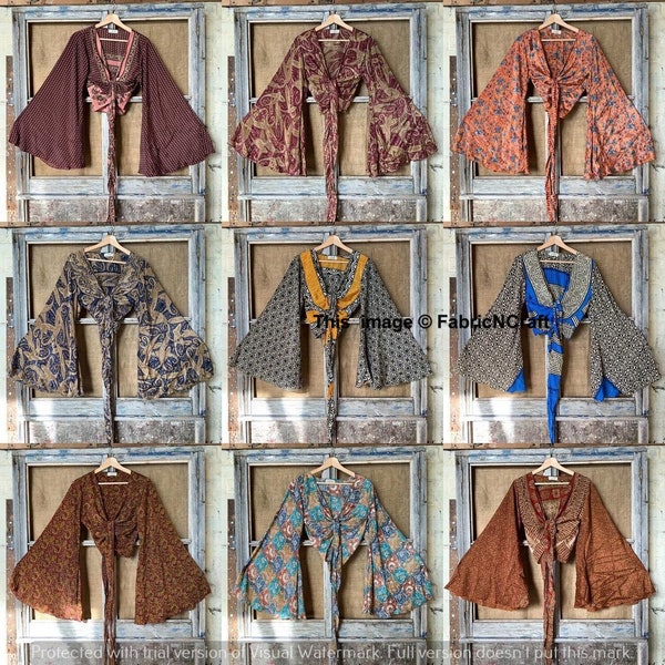 5 Pcs Lot of Burnt silk bell sleeve wrap top,Bell Sleeve Cardigan Crop Top,Boho Top for Women,Festival Retro 60s 70s Clothing,long sleeves