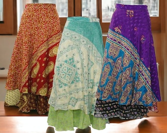 Indian 1 pcs of Printed Reversible Indian Print Silk Sari Wrap Skirt Women Magic Wrap Maxi Beach Wear Bikini Cover Dress