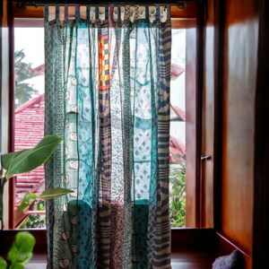 EXPRESS SERVICE of Indian Vintage Old Silk Sari Fabric Made Theme Patchwork color Curtain Door Window Curtain Home Room Door Window Curtain Blue