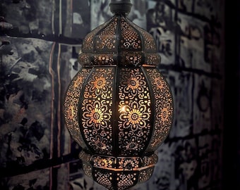 16"x 8" Antique Look Modern Turkish Hanging Oriental Arabian Golden Black Moroccan Lamps Ceiling Lights Home Lantern Gifts
