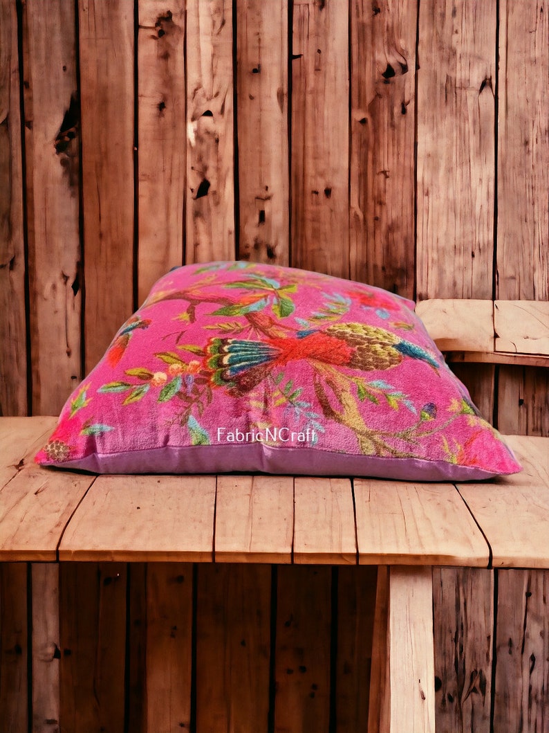 Dark pink OFMD breakup robe fabric Bohemian style cotton velvet birds design cushion pillow cover image 2