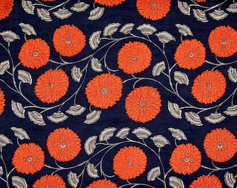 Hand Block Printed Floral Cotton Canvas Fabric, Orange and Blue Home Decor Canvas Fabric Curtain Making Upholstery Outdoor Cushion Fabric