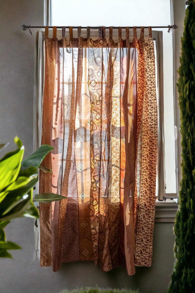 EXPRESS SERVICE of Indian Vintage Old Silk Sari Fabric Made Theme Patchwork color Curtain Door Window Curtain Home Room Door Window Curtain Brown